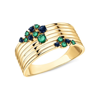 Золотое кольцо с изумрудами природными и сапфирами природными
