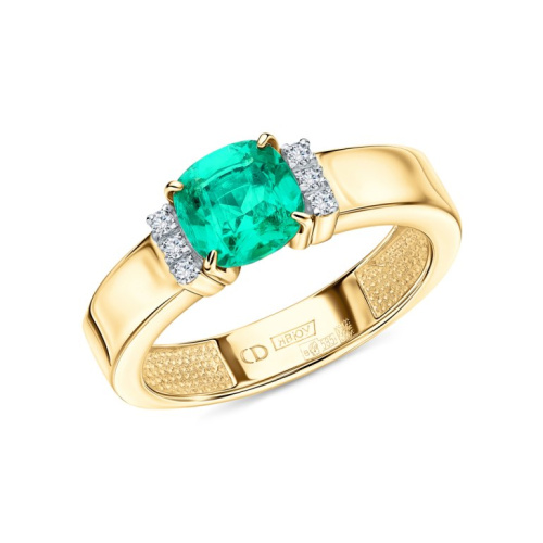 Золотое кольцо с бриллиантами выращенными и изумрудами выращенными