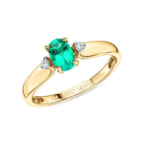 Золотое кольцо с бриллиантами выращенными и изумрудами выращенными