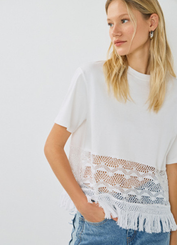Футболка с кружевом и бахромой, Белый