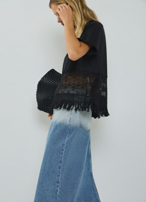 Футболка с кружевом и бахромой, Черный