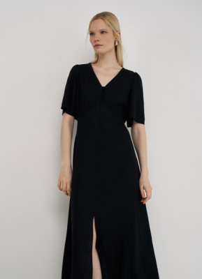Льняное платье с разрезом спереди, Черный