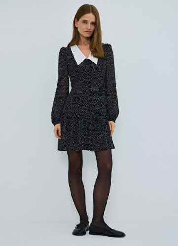 Платье мини из шифона в горошек, Черный