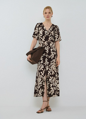 Льняное платье с разрезом спереди, Коричневый