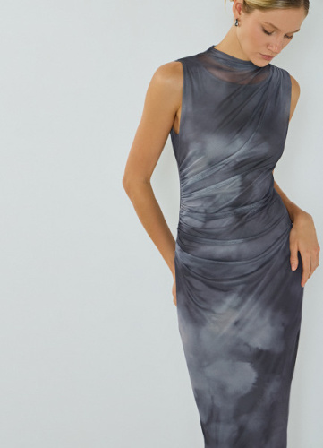 Платье из сетки с асимметричными сборками, Серый