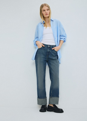 Прямые джинсы средней посадки с отворотами, Синий