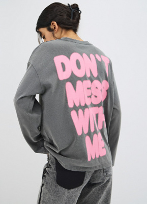 Лонгслив оверсайз с принтом, Серый