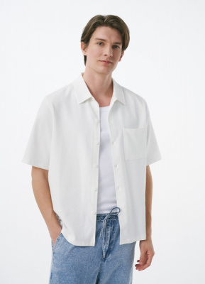 Трикотажная рубашка из фактурного полотна с коротким рукавом, Белый