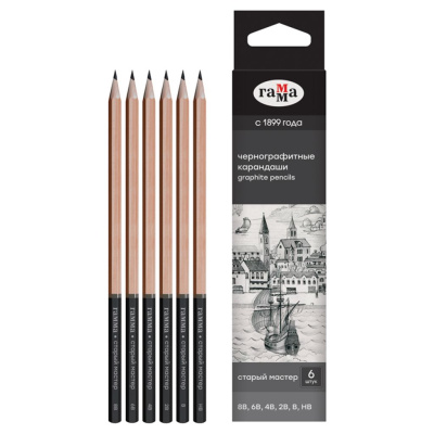 Набор карандашей чернографитных Гамма 6 шт., 8B-HB, картон. упаковка, европодвес