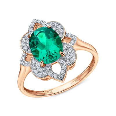 Золотое кольцо с бриллиантами природными и изумрудами выращенными