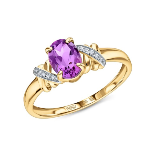 Золотое кольцо с бриллиантами природными и аметистами природными