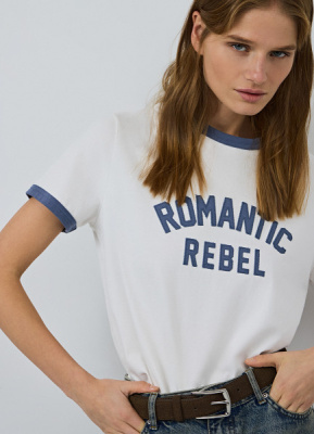 Футболка с контрастной горловиной и принтом, Белый