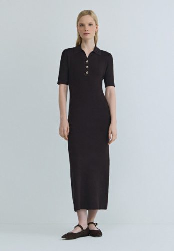 Платье в рубчик с воротником поло, Коричневый