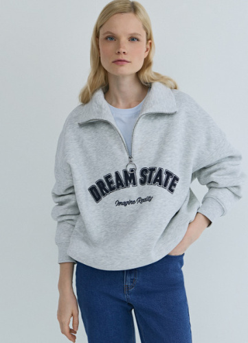 Свитшот с принтом и воротником на молнии, Серый