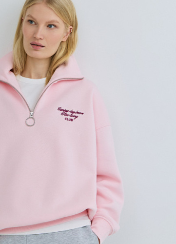 Свитшот с принтом и воротником на молнии, Розовый