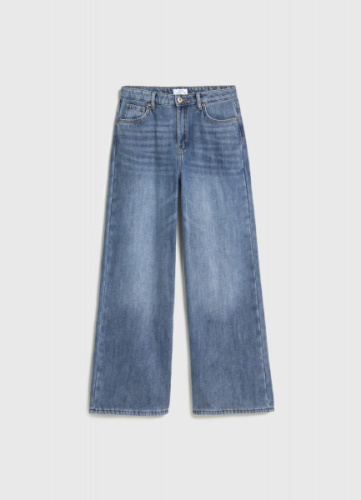 Утеплённые широкие джинсы с эффектом стирки для девочек, Синий