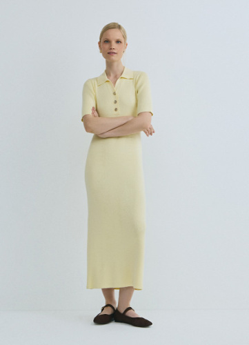 Платье в рубчик с воротником поло, Желтый