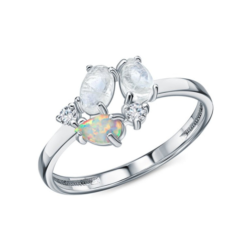 Серебряное кольцо с фианитами, опалами и лунным камнем