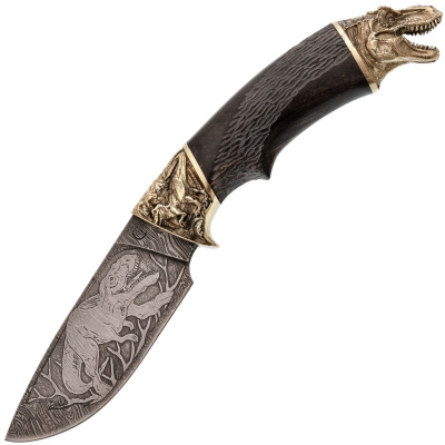 Кованый нож Юрский, дамасская сталь, рукоять карельская береза, художественное травление