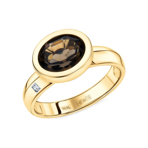 Золотое кольцо с бриллиантами природными и кварцами дымчатыми природными