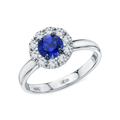 Золотое кольцо с бриллиантами выращенными и сапфирами выращенными