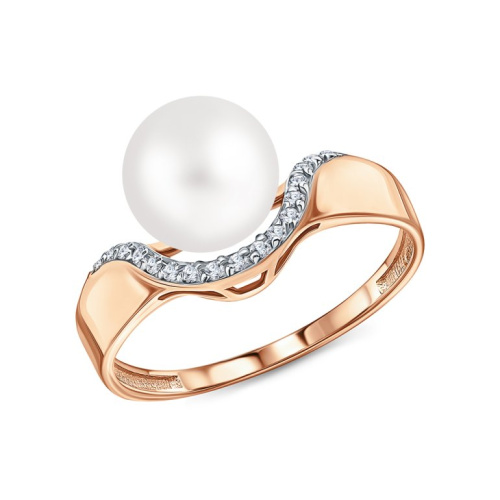 Золотое кольцо с жемчугом и фианитами