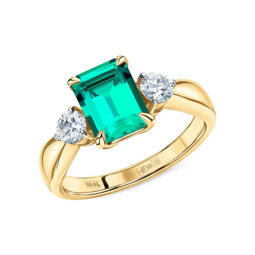 Золотое кольцо с бриллиантами выращенными и изумрудами выращенными