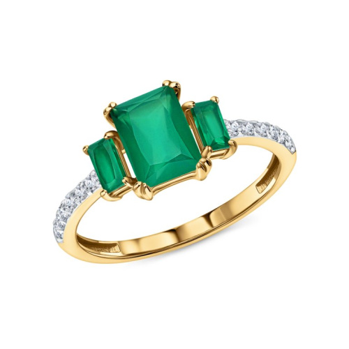 Золотое кольцо с фианитами и агатами зелёными