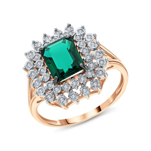 Золотое кольцо с бриллиантами природными и изумрудами выращенными