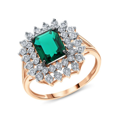 Золотое кольцо с бриллиантами природными и изумрудами выращенными