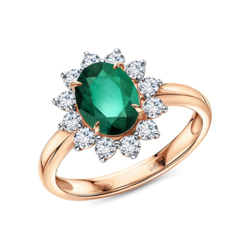 Золотое кольцо с бриллиантами выращенными и изумрудами выращенными