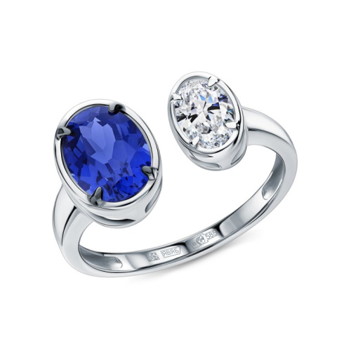 Золотое кольцо с бриллиантами выращенными и сапфирами выращенными