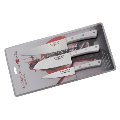 Набор кухонных ножей Hatamoto Sakana WJPS-002 "Поварская тройка", сталь AUS-8, рукоять ABS-пластик, белый