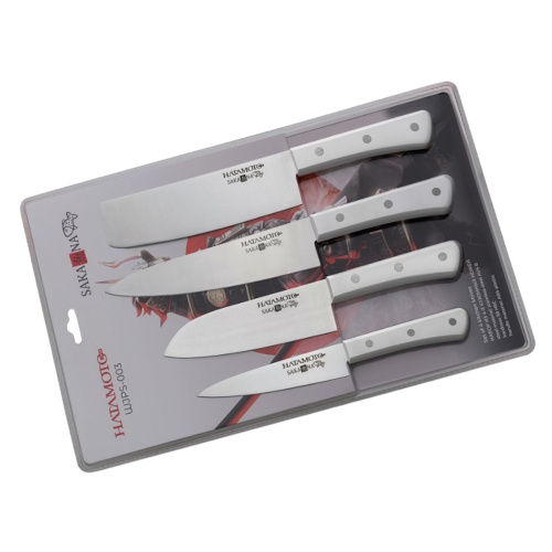 Набор из 4-х кухонных ножей Hatamoto Sakana WJPS-003, сталь AUS-8, рукоять ABS-пластик, белый
