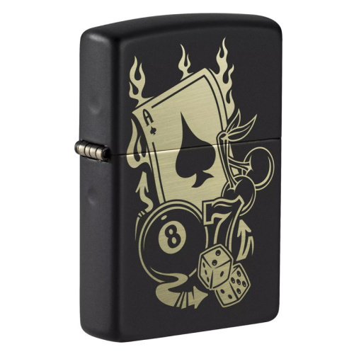 Зажигалка ZIPPO Gambling Design с покрытием Black Matte, латунь/сталь, чёрная, матовая, 36x12x56 мм