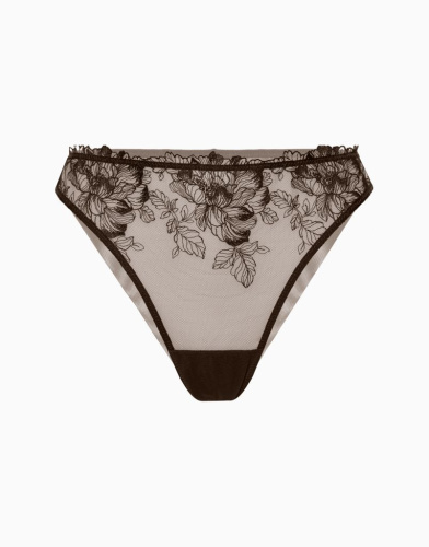 Трусики бразилиано из сетки с вышивкой из сатина средняя посадка CD1019 шоколадный