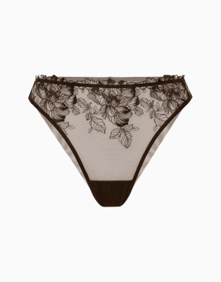 Трусики бразилиано из сетки с вышивкой из сатина средняя посадка CD1019 шоколадный