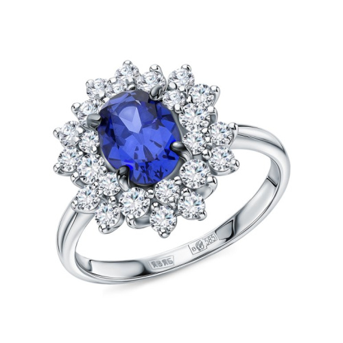 Золотое кольцо с бриллиантами выращенными и сапфирами выращенными