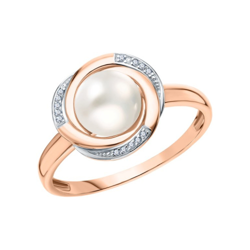 Золотое кольцо с бриллиантами природными и жемчугом