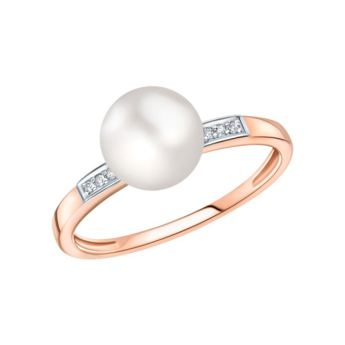 Золотое кольцо с бриллиантами природными и жемчугом