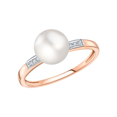 Золотое кольцо с бриллиантами природными и жемчугом