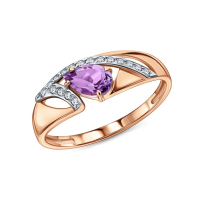 Золотое кольцо с фианитами и аметистами природными