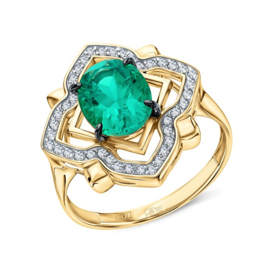 Золотое кольцо с бриллиантами природными и изумрудами выращенными