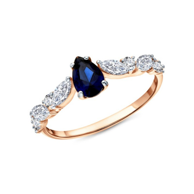 Золотое кольцо с фианитами и ситаллом сапфир