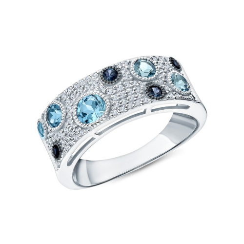 Золотое кольцо с бриллиантами природными, топазами природными и сапфирами природными