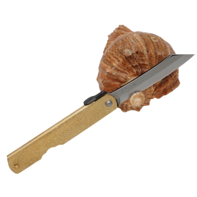 Складной нож Nagao Higonokami Hiraki, 80мм, сталь Aogami Migaki, рукоять латунь, Golden style