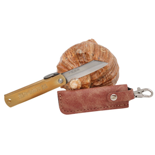 Складной нож Nagao Higonokami Warikomi, 50мм, сталь Aogami, рукоять латунь, коричневый чехол