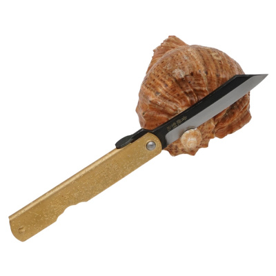 Складной нож Nagao Higonokami Hiraki, 80мм, сталь Aogami Kurouchi, рукоять латунь, Golden style