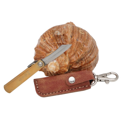 Складной нож Nagao Higonokami Mame Miniature, 40мм, сталь SK-5, рукоять латунь, коричневый чехол