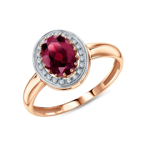 Золотое кольцо с бриллиантами природными и родолит природными